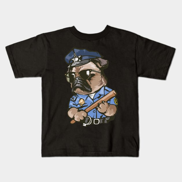 Pug Cartoon funny pugs dog police officer illustration Kids T-Shirt by sports_hobbies_apparel